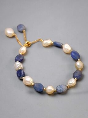 14K Gold Filled 7-8MM Freshwater Pearl & Blue Jade Bracelet